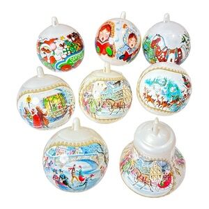8 Vintage Bradford Novelty Christmas Ornaments Balls Unbreakable 1970s Victorian